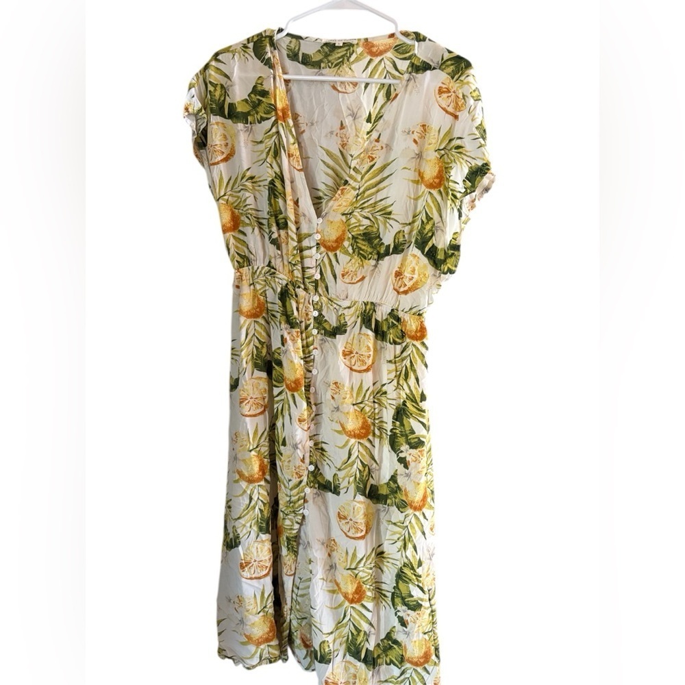 Women’s Label of Love Tropical Boho Resort Lemon Print Midi Dress size large